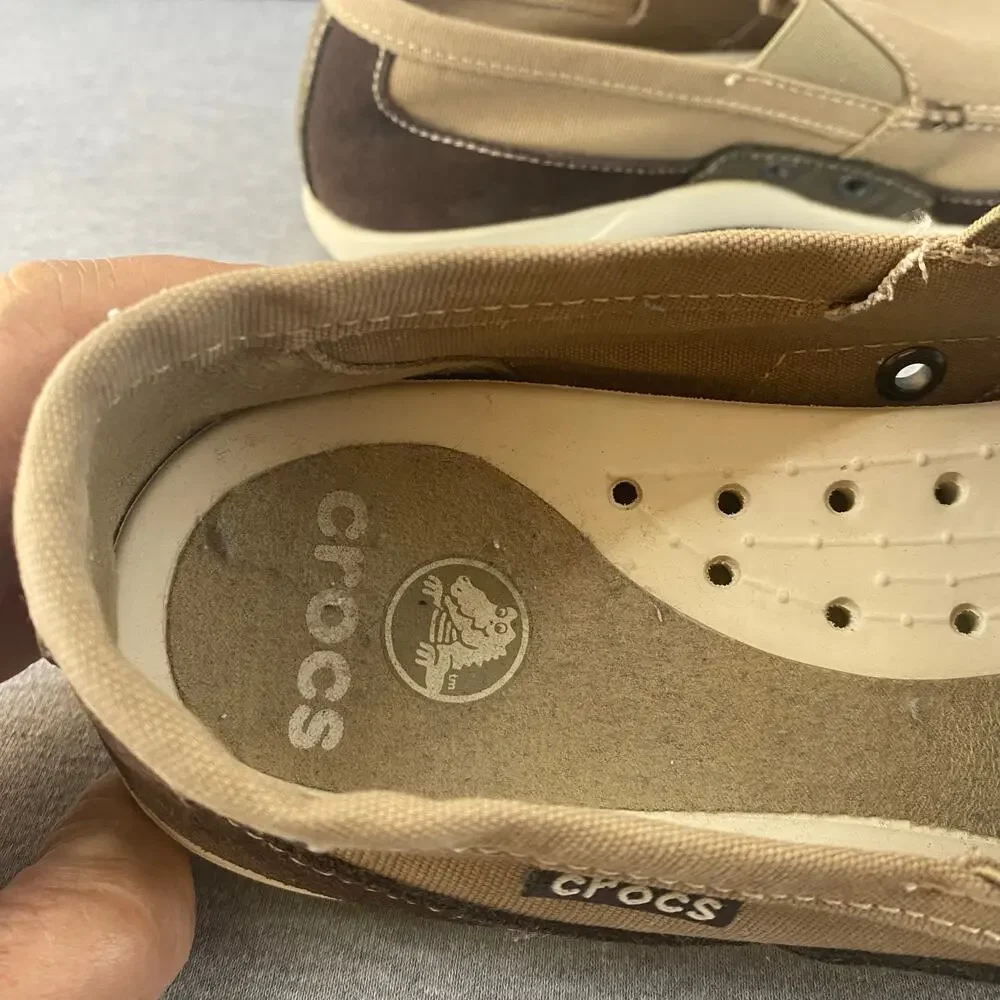 Crocs Men's Slip-On Canvas Boat Shoe in Tan/Brown